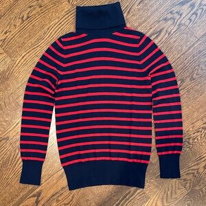 J. Crew Merino Navy and Red Striped Turtleneck Sweater